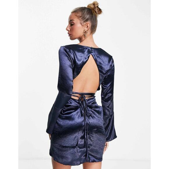 ASOS DESIGN Cowl Neck Mini Dress With Drape Skirt Blue Satin Size 14. NEW - Picture 2 of 15